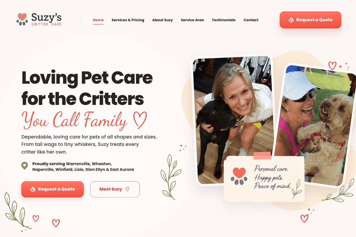Screenshot of the updated Suzy's Critter Care homepage